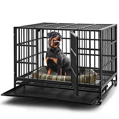 48 inch Heavy Duty Indestructible Dog Crate Steel Escape Proof Dog Cage Kennel Indoor Double Door High Anxiety Dog Crate with Wheels, Removable Tray, Extra Large XL XXL Dog Crate