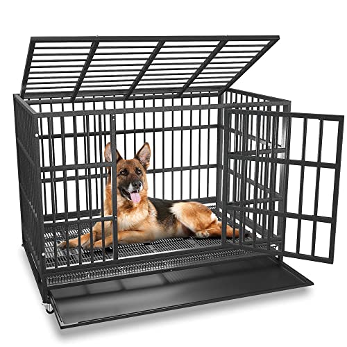 48/38 inch Heavy Duty Indestructible Dog Crate Cage Kennel for Large Dogs, High Anxiety Dog Crate with Removable Crate Trays, Wheels and Double Door, Extra Large XL XXL Escape Proof Dog Crate