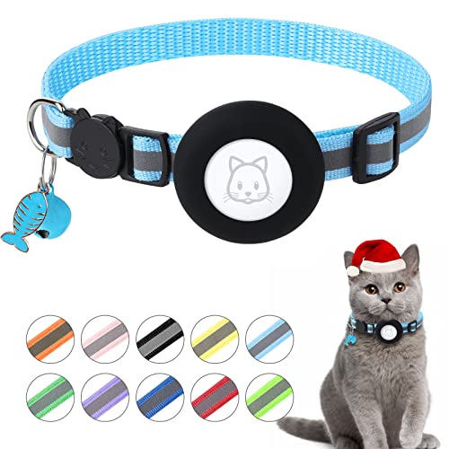 Airtag Cat Collar, Air tag Cat Collar with Bell and Safety Buckle in 3/8" Width, Reflective Collar with Waterproof Airtag Holder Compatible with Apple Airtag for Cat Dog Kitten Puppy (Blue)