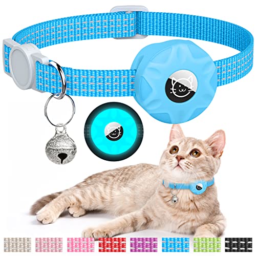 AirTag Cat Collar, Reflective Kitten Collar Breakaway Apple Air Tag Cat Collar, GPS Cat Collar with AirTag Holder and Bell, Lightweight Tracker Cat Collars for Girl Boy Cats Puppies (Luminous Blue)