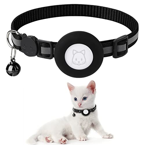 Airtag Cat Collar with Breakaway Bell, Reflective Adjustable Strap with Air Tag Case for Cat Kitten (Black)