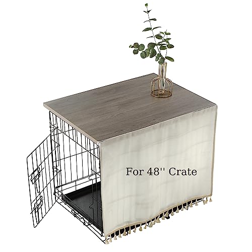 AMAN Dog Crate Topper Wood for 48 42 36 24 inch Cages, Dog Crate Table Topper with Tassel Curtain, Rustic Style Dog Kennel Topper（Grey Oak）
