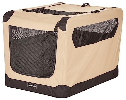 Amazon Basics 2-Door Collapsible Soft-Sided Folding Soft Dog Travel Crate Kennel, Medium (21 x 21 x 30 Inches), Tan