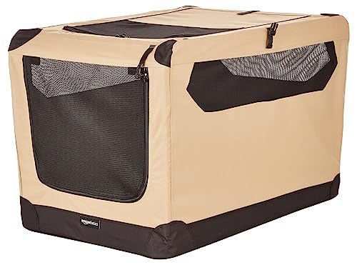 Amazon Basics 2-Door Collapsible Soft-Sided Folding Travel Crate Dog Kennel, Large, 24 x 24 x 36 Inches, Tan