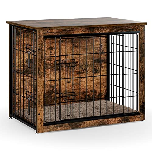 APPOLYN Dog Crate Furniture with Cushion, Side End Table, Dog Crate with Two Doors, Wooden Indoor Dog Kennels Crates for Medium Dogs Up to 45lb, 32.7"x21.7"x25.2", Vintage