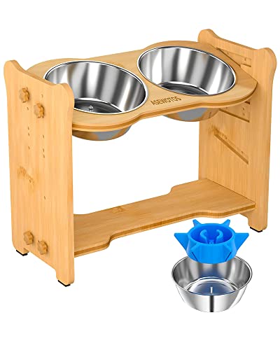 ASEWOTOS Elevated Dog Bowls - Adjustable Raised Dog Feeding Station with 2 Bowls and Slow Feeder, 7 Heights Bamboo Dog Food Bowl Stand with Non-Slip Feet