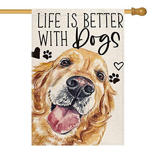 AVOIN colorlife Life is Better With Dogs Pet House Flag 28 x 40 Inch Vertical Double Sided, Golden Retriever Farmhouse Yard Outdoor Decor