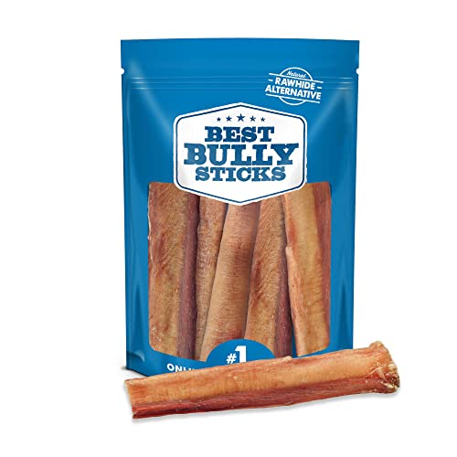 Best Bully Sticks All Natural 6 Inch Thick Bully Sticks for Large Dogs - USA Baked & Packed - 100% Free-Range Grass-Fed Beef - Single-Ingredient Grain & Rawhide Free Dog Chews - 5 Pack