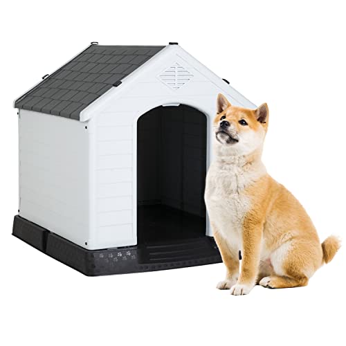 BestPet 32Inch Large Dog House Insulated Kennel Durable Plastic Dog House for Small Medium Large Dogs Indoor Outdoor Weather & Water Resistant Pet Crate with Air Vents and Elevated Floor,Grey