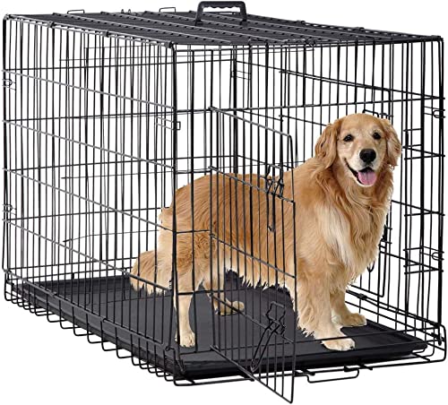 BestPet Dog Crate for Large Dogs,48 Inch Dog Kennel Outdoor with Double-Door,Folding Mental Pet Dog Cages with Divider Panel, Tray and Handle,Black
