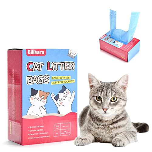 Bilibara Cat Litter Bags with Handles, Scented Poop Bags for Cats, Ultra Thick Cat Poop Bags, Leak-Proof Cat Waste Bags, Amazing Odor Sealing, Disposable Cat Litter Disposal, Large to Fit Any Scoop