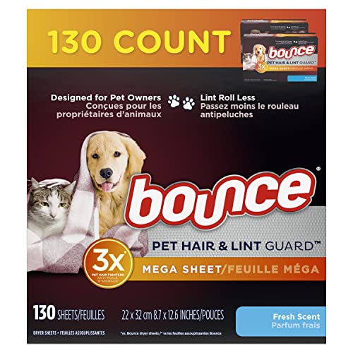 Bounce Pet Hair and Lint Guard Mega Dryer Sheets with 3X Pet Hair Fighters, Fresh Scent, 130 Count