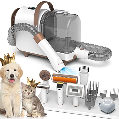 Bunfly Pet Clipper Grooming Kit & Vacuum Suction 99% Pet Hair, 7 Pet Grooming Tools, 3L Large Capacity Easy Clean Dust Cup for Pet Hair, Home Cleaning（Brown）