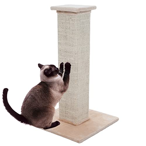 Cat Scratching Post with Carpeted Base – 27.75-Inch Sisal Burlap Fabric Scratcher – Furniture Scratching Deterrent for Indoor Cats by PETMAKER (Beige)