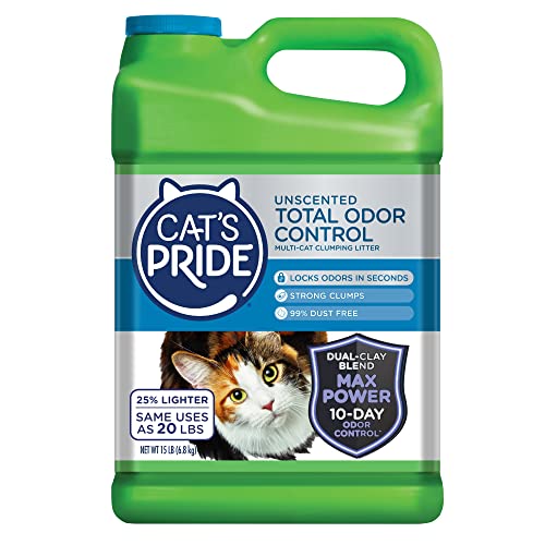 Cat's Pride Max Power: Total Odor Control - 10-Day* Odor Control - Strong Clumping - Hypoallergenic - 99% Dust Free - Multi-Cat, Unscented, 15 Pounds