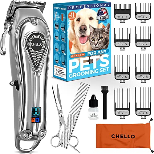 Chello Full Metal Professional Dog Clippers for Grooming, Dog Hair Remover & Rechargeable, Low Noise Cordless, pet Hair Clippers for a Large Dog, Dog Stuff for Heavy Duty use with LED Display