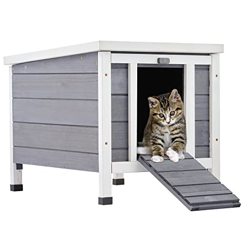 CO-Z Rabbit Hutch and Guinea Pig House with Ramp, Outdoor Pet Hutch Wooden House for Rabbits Guinea Pigs Hens Ducks, Raised Weatherproof Rabbit Home Guinea Pig Enclosure Outdoor Cat Shelter, Gray