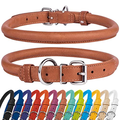 CollarDirect Rolled Leather Dog Collar, Soft Padded Round Puppy Collar, Handmade Genuine Leather Collar Dog Small Large Cat Collars 13 Colors (12-15 Inch, Brown Textured)