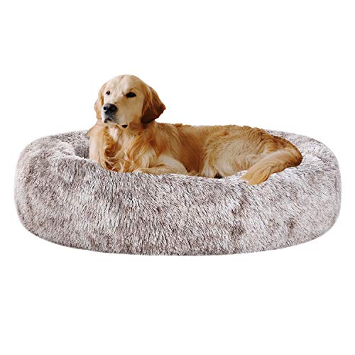 Coohom Oval Calming Donut Cuddler Dog Bed,Shag Faux Fur Cat Bed Washable Round Pillow Pet Bed(30"/36"/43") for Small Medium Dogs (XL(36"x27"x7"),Light Brown)