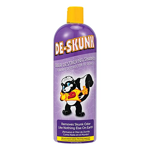 De-Skunk Odor Destroying Shampoo for Dogs, 32 oz. – Formulated with Powerful De-Greasers, Skunk Odor Remover for Pets, Carpet, Furniture and More – Removes Skunk Smell Fast, Clear, (FG00065)