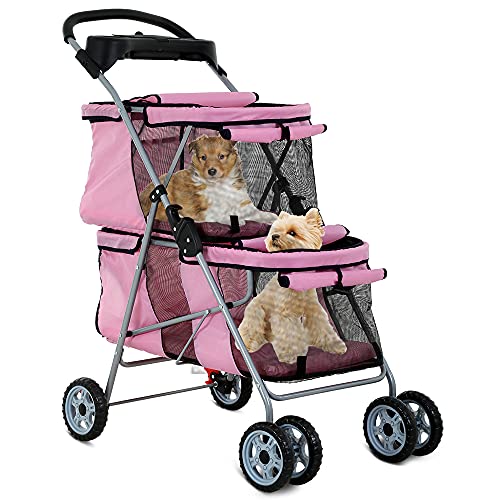 Dkeli 4 Wheel Pet Stroller for Small and Medium Dog Cats, Double Dog Stroller with Cup Holder, Folding Travel Cage for 2 Puppies or Two Kittens, Pink