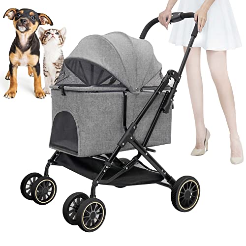 Dog Cat Strollers for Small Medium Dogs and Cats - Easy One-Hand Folding Stroller for Small Dogs with Storage Basket and Removable Liner,360 Rotating Front Wheels,Rear Shock and Durable Rubber Wheels