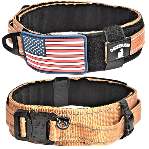 Dog Collar with Control Handle Quick Release Metal Buckle Heavy Duty Military Style 2" Width Nylon with USA Flag for Handling and Training Large Canine Male Or Female K9 (TAN)