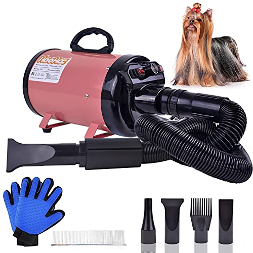 Dog Dryer, High Velocity Dog Hair Dryer, Dog Blow Dryer - Groomer Partner Pet Blower Grooming Force Dryer with Heater, Stepless Adjustable Speed, 4 Different Nozzles, Comb & Pet Grooming Glove (Pink)