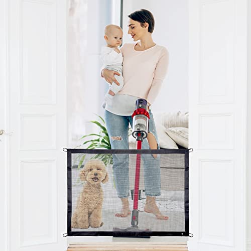 Dog Gates for The House,JG Baby Retractable Mesh Dog Gate,for No Drilling Portable Folding Child's Baby Gates Install Anywhere 3 Poles Avoid Pets from Passing Underneath 30'' X 39'', 3 Poles 8 Hooks