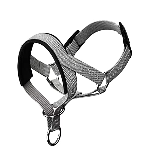 Dog Head Collar with Silk Thread, Soft and Adjustable Head Halter Collar for Small Medium Large Dogs in Striped Pattern(M,Grey)