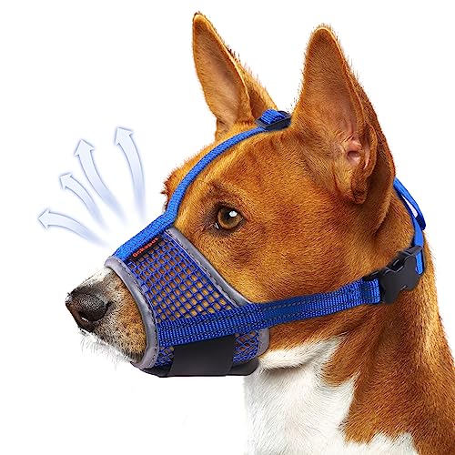 Dog Muzzle, Air Mesh Breathable Muzzle for Large Dogs Anti Biting Barking Chewing, Soft Grooming Muzzle for Medium Sized Dog with Stable Shiny Reflective & Adjustable Strap (Blue-S