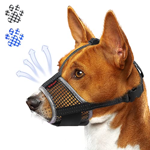 Dog Muzzle, Air Mesh Breathable Muzzle for Large Dogs Anti Biting Barking Chewing, Soft Grooming Muzzle for Medium Sized Dog with Stable Shiny Reflective & Adjustable Strap(Black-L