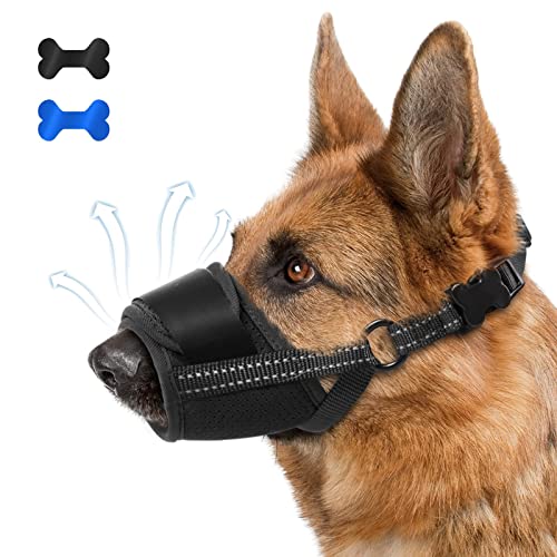 Dog Muzzle, Breathable Soft Pet Muzzle for Large Dogs Anti Biting Barking Chewing, No Bark Air Mesh Dog Muzzle with Reflective & Adjustable Strap for Small Medium Large Sized Dog（Black-L