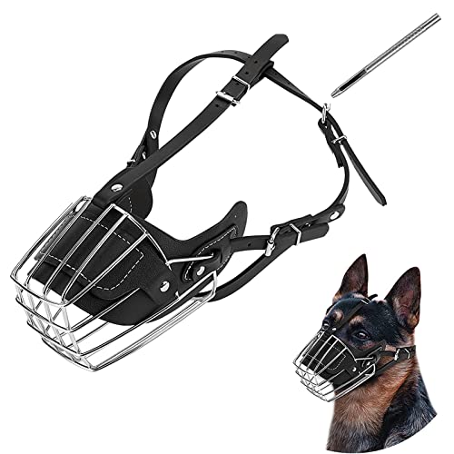 Dog Muzzle, Dog Metal Face Basket, Dog Mouth Breathable Adjustable Leather Leash Suitable for Large Medium-Sized Dogs (L)