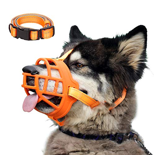 Dog Muzzle, Soft Silicone Basket Muzzle for Dogs, Allows Panting and Drinking, Prevents Unwanted Barking Biting and Chewing, Included Collar and Training Guide