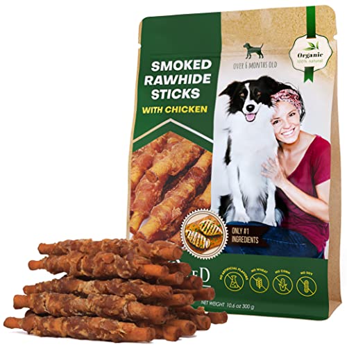 Dog Smoked Rawhide Sticks Wrapped Chicken & Pet Natural Chew Treats - Grain Free Organic Meat & Healthy Human Grade Dried Snacks in Bulk - Best Twists for Training Small & Large Dogs - Made for USA