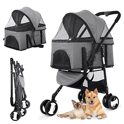 Dog Stroller Pet Strollers 3 Wheel Doggy Stroller for Small Medium Dogs Cats 3-in-1 Detachable Travel Carrier Pet Gear Stroller Wagons for Dogs Trolley for Cat Doggie Rabbit Puppy, Grey