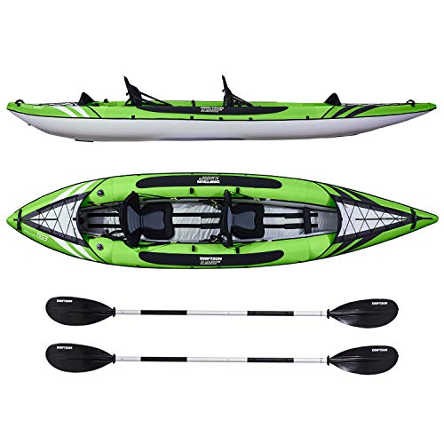 Driftsun Almanor 130 Inflatable Kayak - Green Two-Person Recreational Touring Kayak Package Includes EVA Padded Seats with High Back Support, Paddles, Pump and Travel Bag