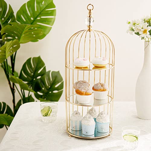 Efavormart 22" - 3 Tier Crystal Mirror Top Gold Metal Bird Cage Cupcake Cake Stand, Dessert Display for Wedding, Party, Birthday, Baby Shower Celebrations, Home Decorations