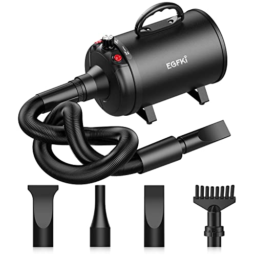 EGFKI Dog-Hair-Dryer, 5.2HP/ 3800W High Velocity Pet Blow Dryer with Heater for Grooming, Speed Temperature Adjustable Dog Blower Grooming Dryer with 4 Nozzles