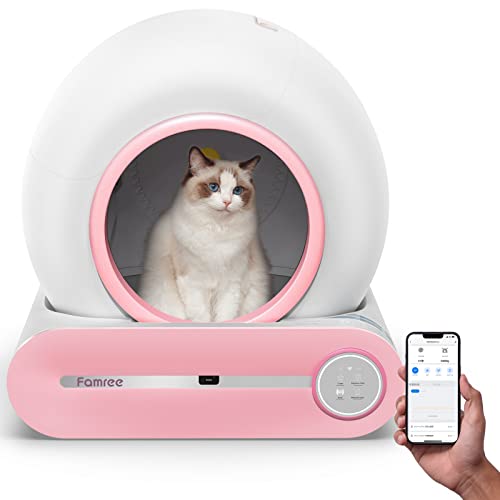 Famree Smart Self-Cleaning Cat Litter Box,Automatic Cat Litter Cleaning Robot with 65L+9L Large Capacity/APP Control/Ionic Deodorizer for Multiple Cats【2023 New Structure】, Cherry Blossom Pink