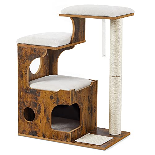 FEANDREA 33.9-Inch Cat Tower, Medium Cat Tree with 3 Beds and Cave, Cat Condo Made of MDF with Wood Veneer, Sisal Post and Washable Faux Fur, Vintage, Rustic Brown and White UPCT70HW
