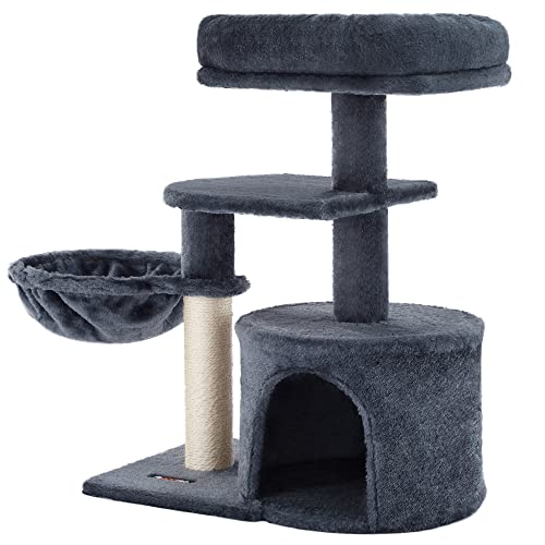 Feandrea Cat Tree, Small Cat Tower, Cat Condo, Kitten Activity Center with Scratching Post, Basket, Cave, Smoky Gray UPCT59G