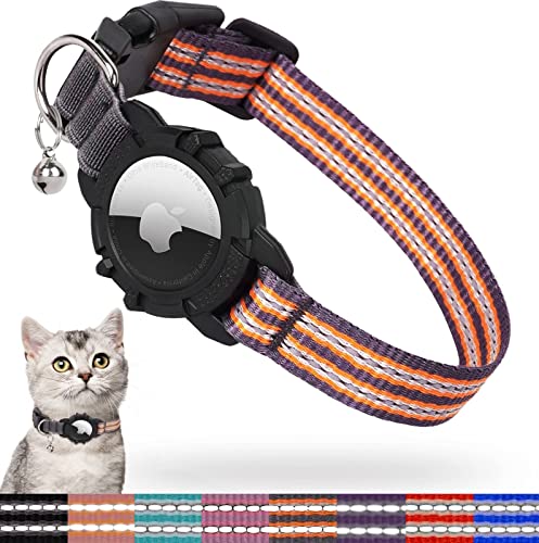 FEEYAR AirTag Cat Collar,Integrated Kitten Collar with Apple AirTag Holder, Reflective GPS Cat Collar with Bell[Orange], Lightweight Tracker Cat Collars for Girl Boy Cats, Kittens and Puppies