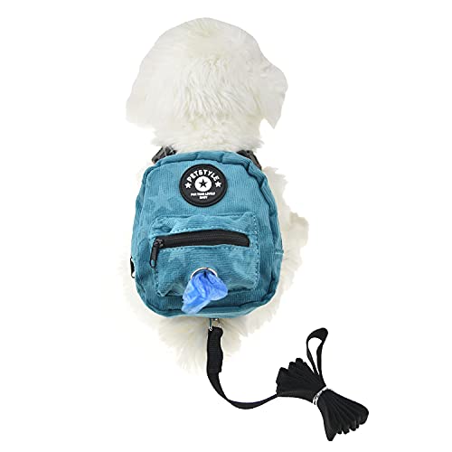 FLAdorepet Dog Backpack Harness with Leash, Dog Poop Bag Dispenser, Pet Self Carrier Adjustable Travel Hiking Walking Harness Backpack for Small Medium Dogs (S(Fit:5-13lb), Blue)