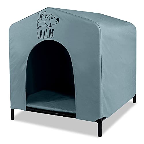 Floppy Dawg Just Chillin’ Portable Dog House. Elevated Pet Shelter for Indoor and Outdoor Use. Made of Water Resistant Breathable Oxford Fabric. Easy to Assemble and Lightweight. 33"L x 29"W x 32"H