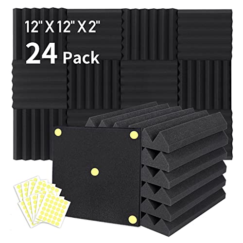Focusound 24 Packs Acoustic Foam Panels 2" X 12" X 12", Soundproofing Foam Noise Cancelling Foam with 120 PCS Double-Side adhesive