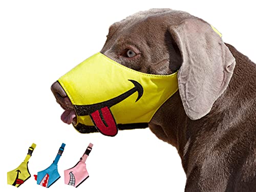 FOOTPET Dog Muzzle, Smiley Face Muzzle with Soft Breathable Air Mesh Nylon, Anti Biting Barking Chewing, Adjustable Dog Mouth Cover for Medium, Large, Extra Large Dogs (Yellow, L)