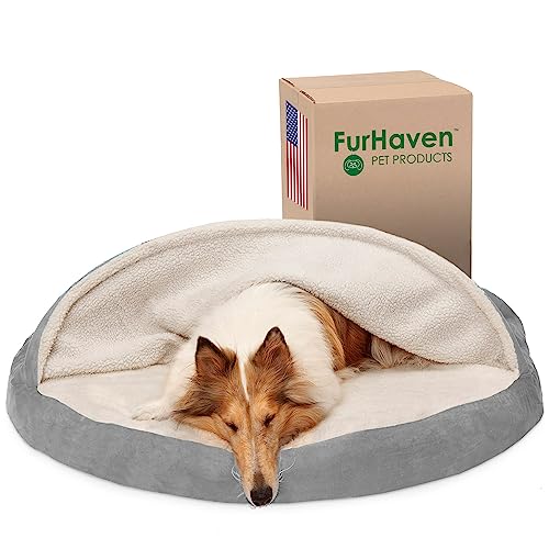 Furhaven 44" Round Orthopedic Dog Bed for Large Dogs w/ Removable Washable Cover, For Dogs Up to 80 lbs - Sherpa & Suede Snuggery - Gray, 44-inch