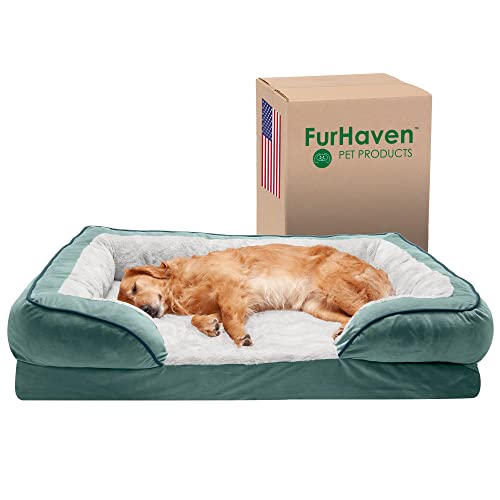 Furhaven Cooling Gel Dog Bed for Large Dogs w/ Removable Bolsters & Washable Cover, For Dogs Up to 95 lbs - Plush & Velvet Waves Perfect Comfort Sofa - Celadon Green, Jumbo/XL
